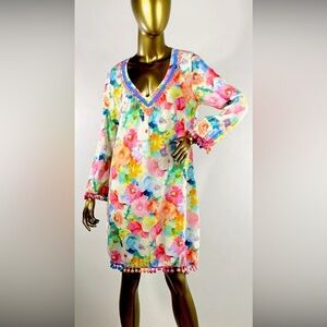 Sundance M Tunic Dress Long Sleeve Boho Cover Up Pom Pom Bright Floral EXCELLENT